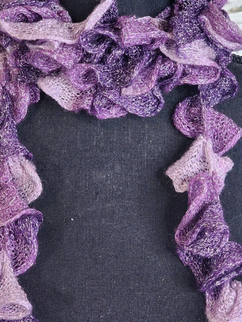 Handmade Crochet Purple and Lilac with Metallic Silver Threads Throughout Scarf